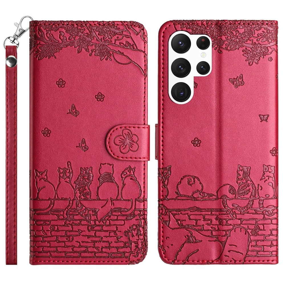 Cute Cat Embossed Wallet Phone Case for Samsung Galaxy with Card Holder and Lanyard