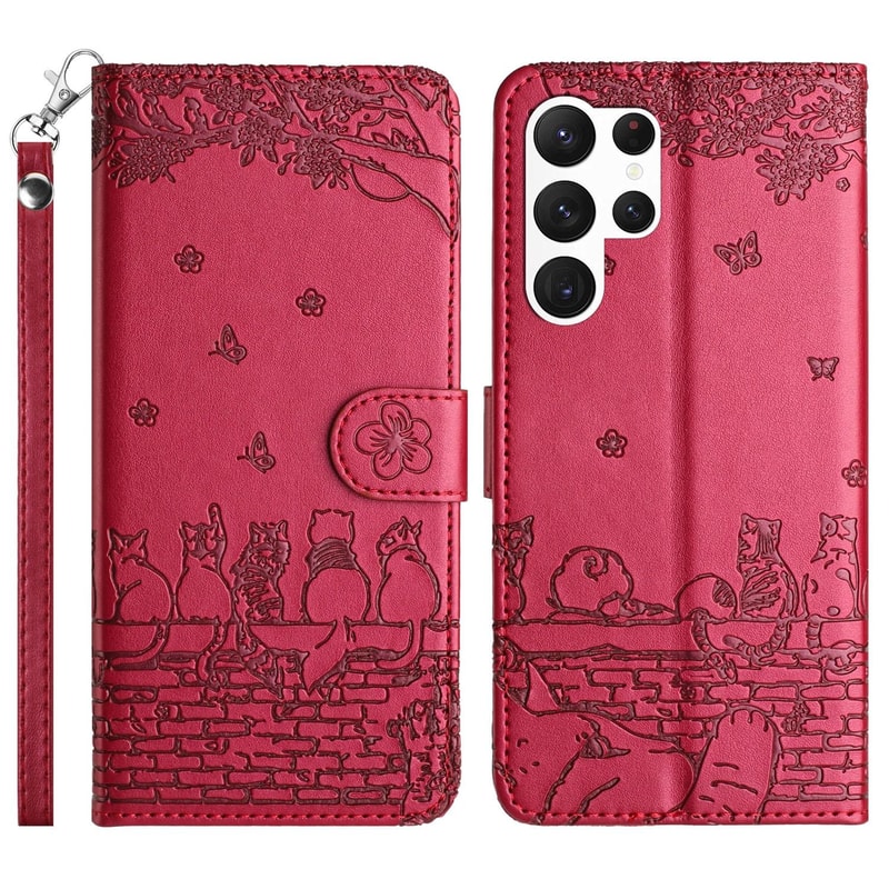 Cute Cat Embossed Wallet Phone Case for Samsung Galaxy with Card Holder and Lanyard