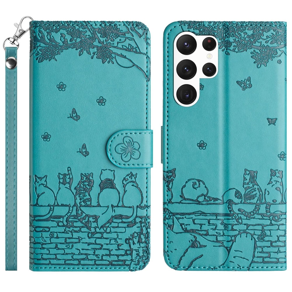 Cute Cat Embossed Wallet Phone Case for Samsung Galaxy with Card Holder and Lanyard