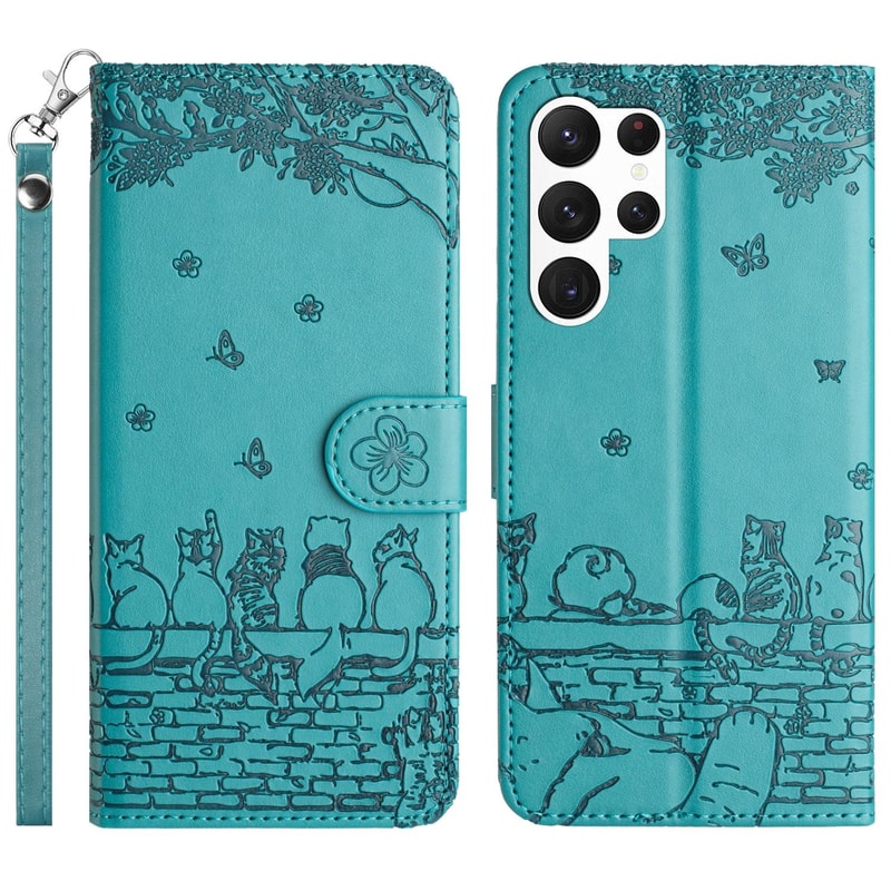 Cute Cat Embossed Wallet Phone Case for Samsung Galaxy with Card Holder and Lanyard