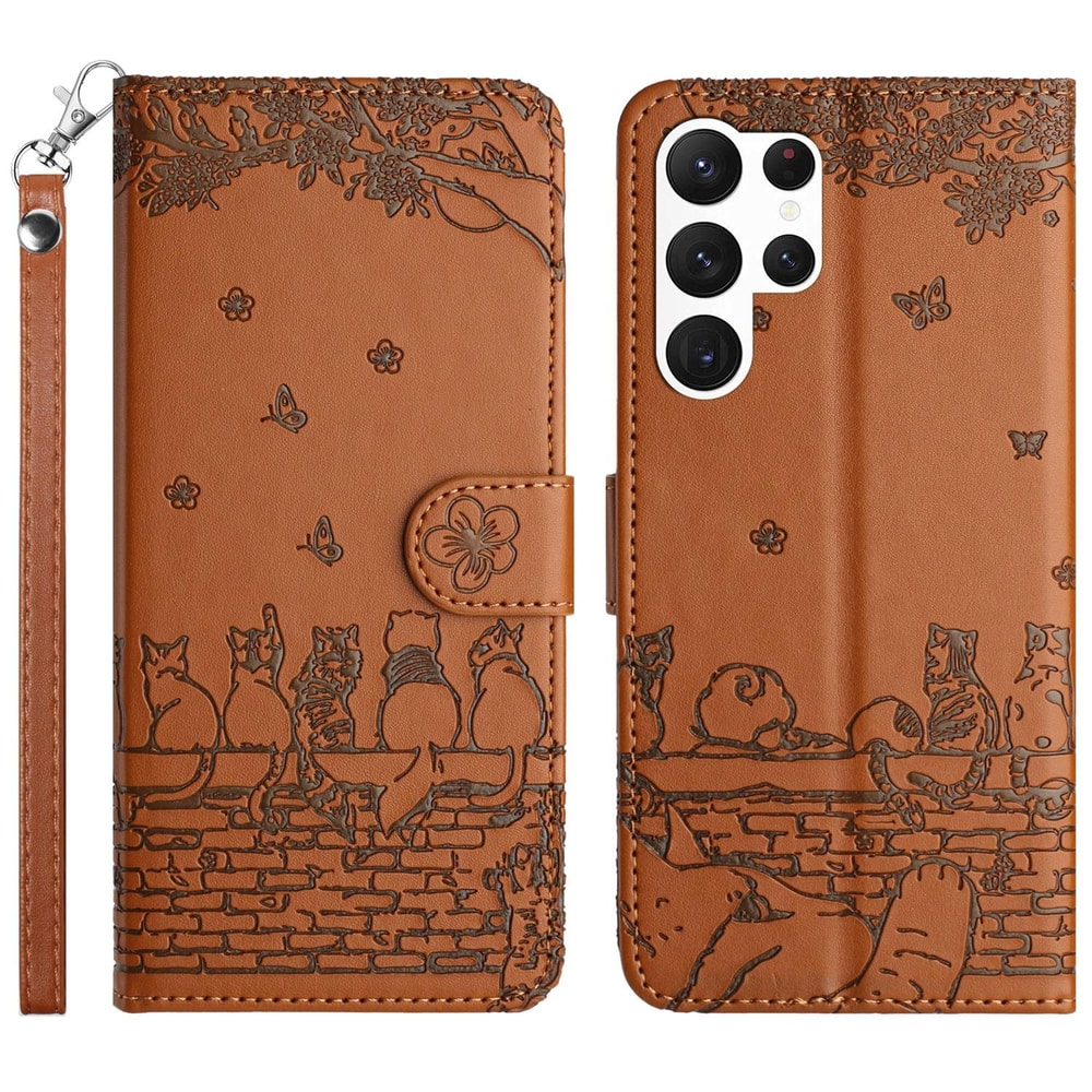 Cute Cat Embossed Wallet Phone Case for Samsung Galaxy with Card Holder and Lanyard