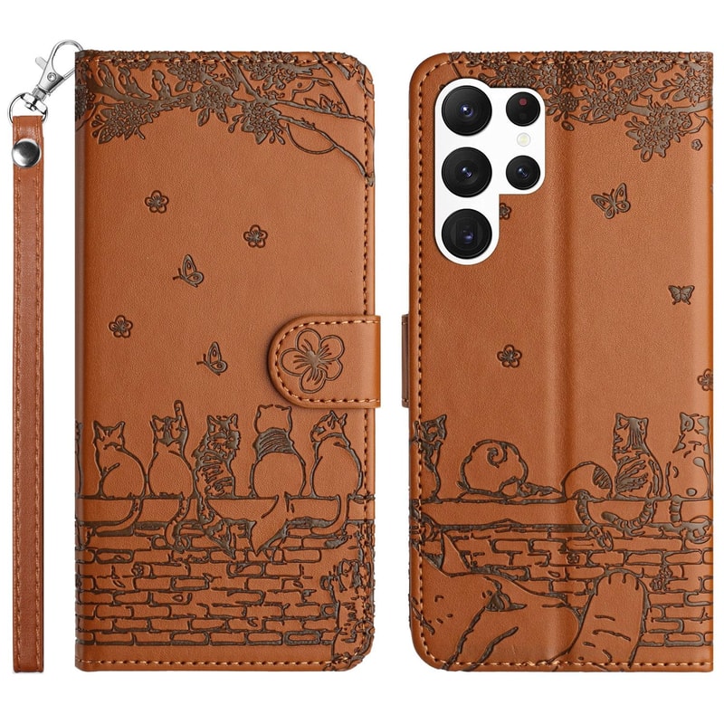 Cute Cat Embossed Wallet Phone Case for Samsung Galaxy with Card Holder and Lanyard