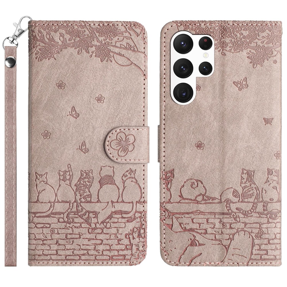 Cute Cat Embossed Wallet Phone Case for Samsung Galaxy with Card Holder and Lanyard