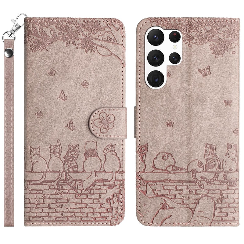 Cute Cat Embossed Wallet Phone Case for Samsung Galaxy with Card Holder and Lanyard