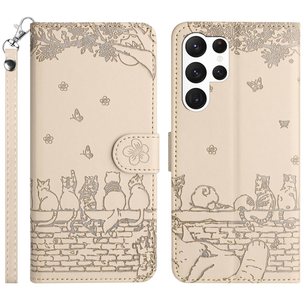 Cute Cat Embossed Wallet Phone Case for Samsung Galaxy with Card Holder and Lanyard
