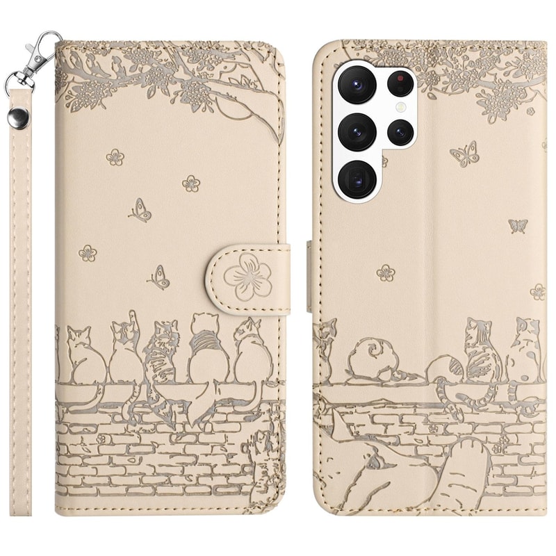 Cute Cat Embossed Wallet Phone Case for Samsung Galaxy with Card Holder and Lanyard