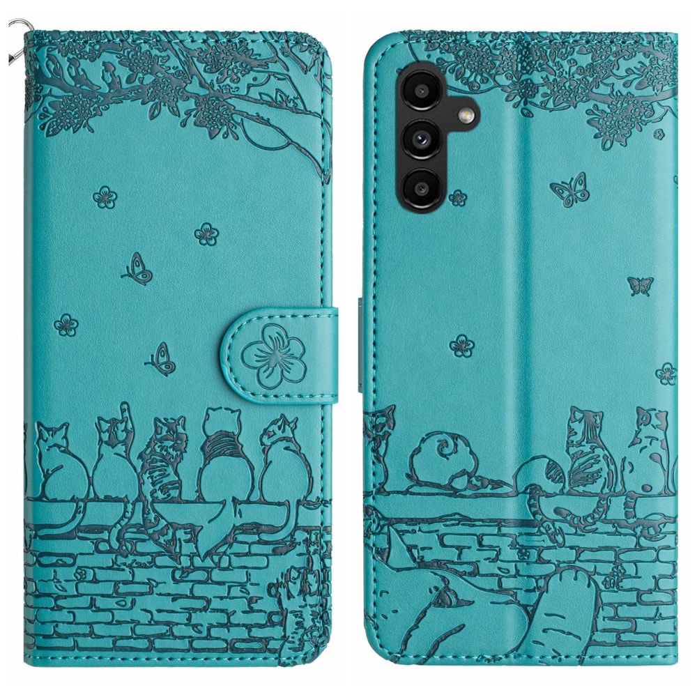 Cute Cat Embossed Wallet Phone Case for Samsung Galaxy with Card Holder and Lanyard