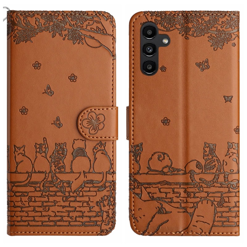 Cute Cat Embossed Wallet Phone Case for Samsung Galaxy with Card Holder and Lanyard