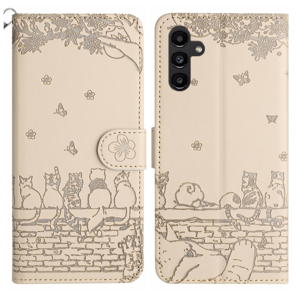 Cute Cat Embossed Wallet Phone Case for Samsung Galaxy with Card Holder and Lanyard