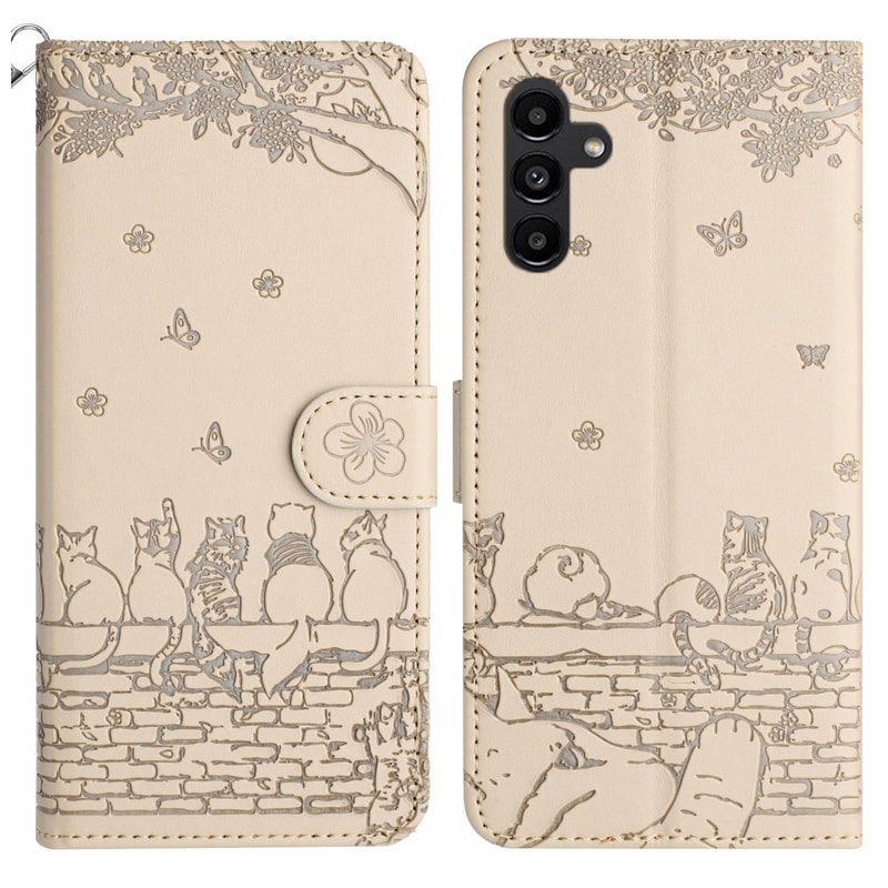 Cute Cat Embossed Wallet Phone Case for Samsung Galaxy with Card Holder and Lanyard