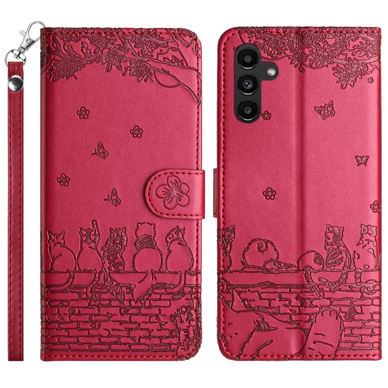 Cute Cat Embossed Wallet Phone Case for Samsung Galaxy with Card Holder and Lanyard