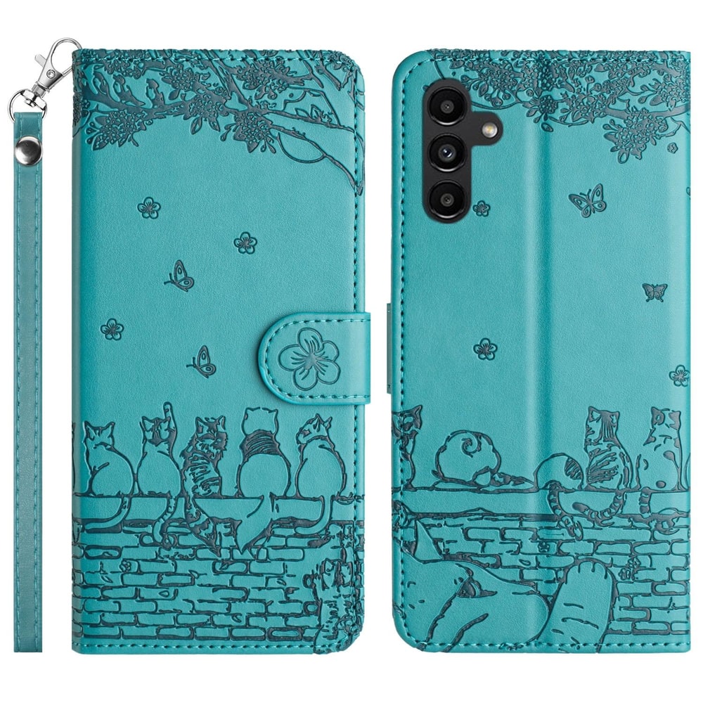 Cute Cat Embossed Wallet Phone Case for Samsung Galaxy with Card Holder and Lanyard