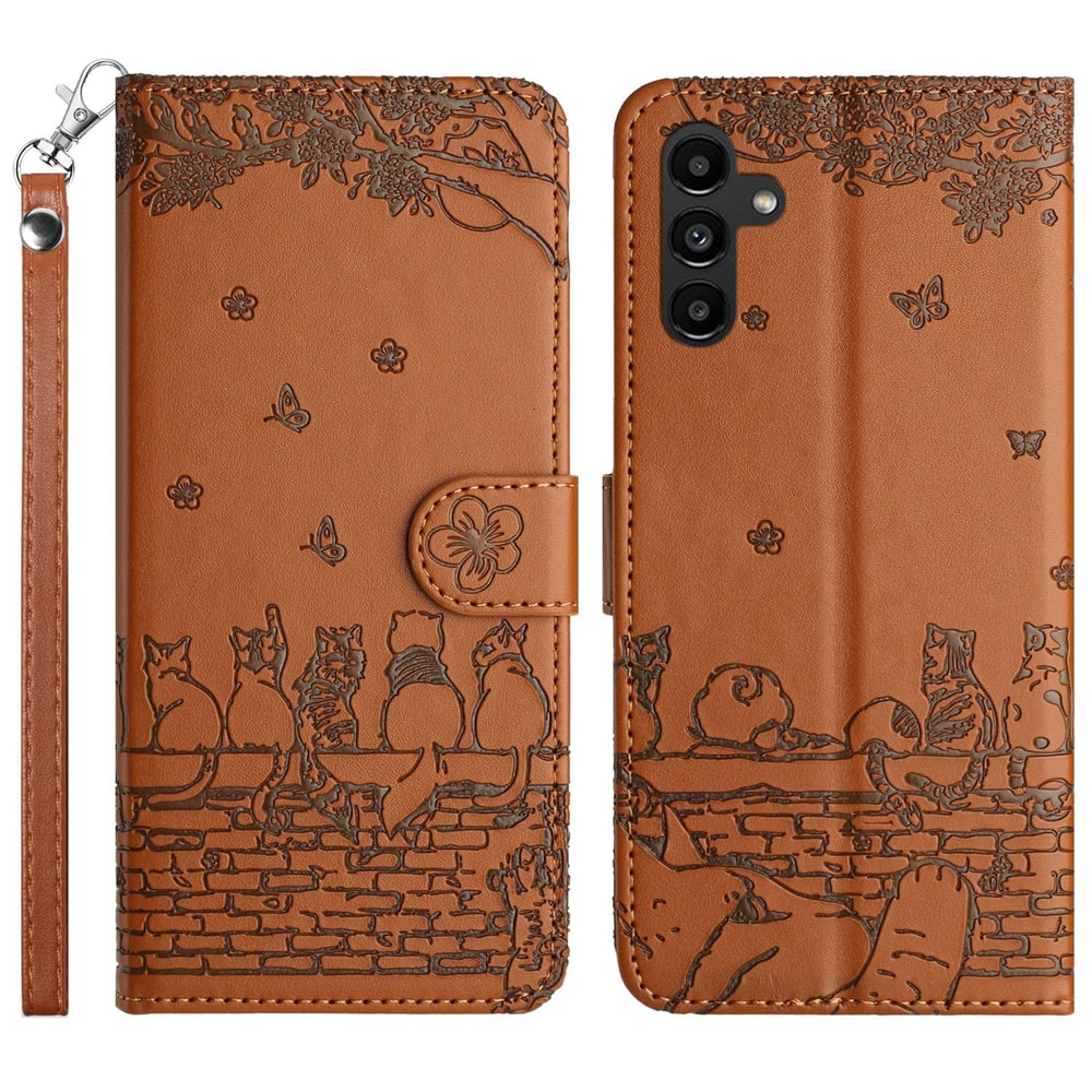 Cute Cat Embossed Wallet Phone Case for Samsung Galaxy with Card Holder and Lanyard