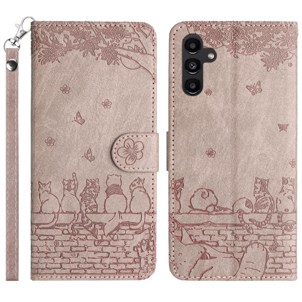 Cute Cat Embossed Wallet Phone Case for Samsung Galaxy with Card Holder and Lanyard