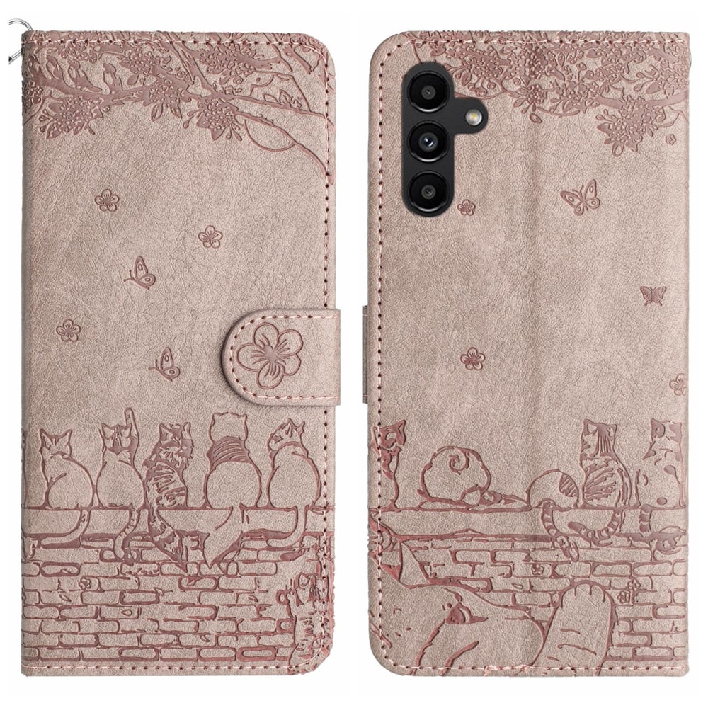 Cute Cat Embossed Wallet Phone Case for Samsung Galaxy with Card Holder and Lanyard