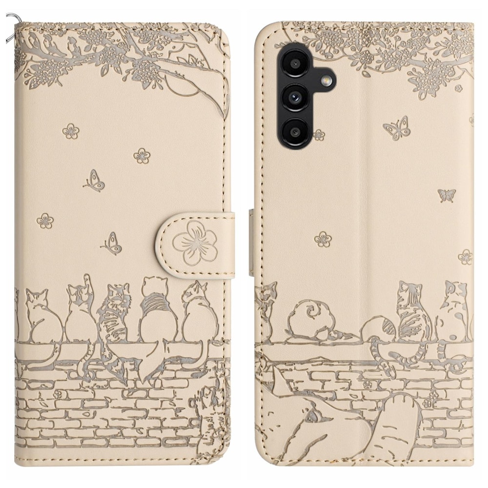 Cute Cat Embossed Wallet Phone Case for Samsung Galaxy with Card Holder and Lanyard