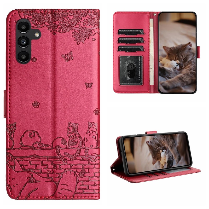Cute Cat Embossed Wallet Phone Case for Samsung Galaxy with Card Holder and Lanyard