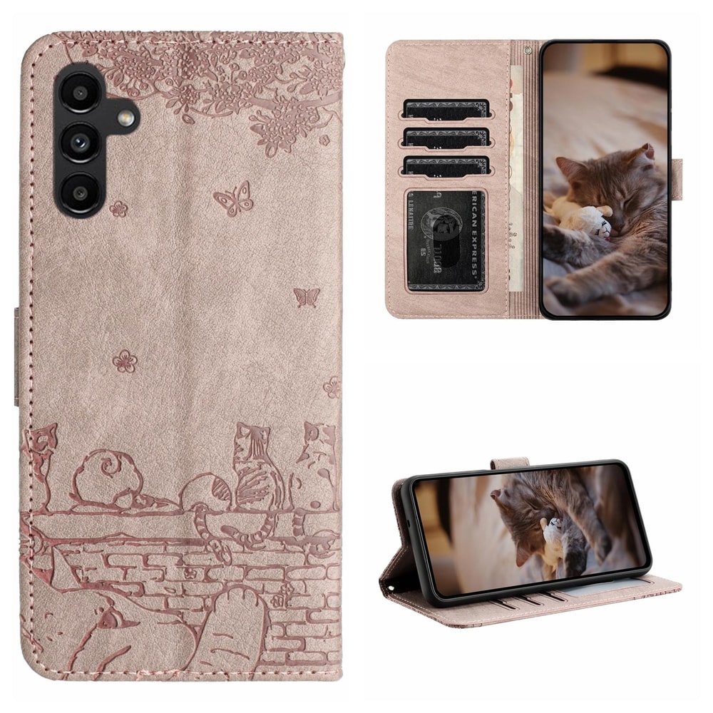 Cute Cat Embossed Wallet Phone Case for Samsung Galaxy with Card Holder and Lanyard