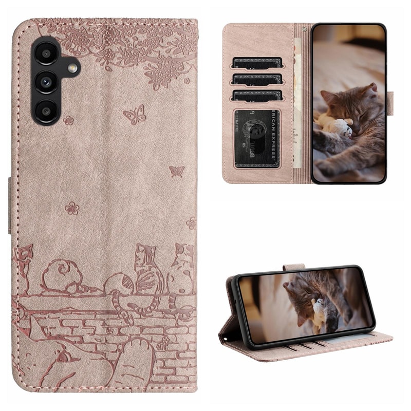 Cute Cat Embossed Wallet Phone Case for Samsung Galaxy with Card Holder and Lanyard
