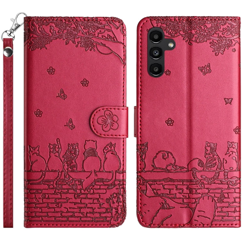 Cute Cat Embossed Wallet Phone Case for Samsung Galaxy with Card Holder and Lanyard