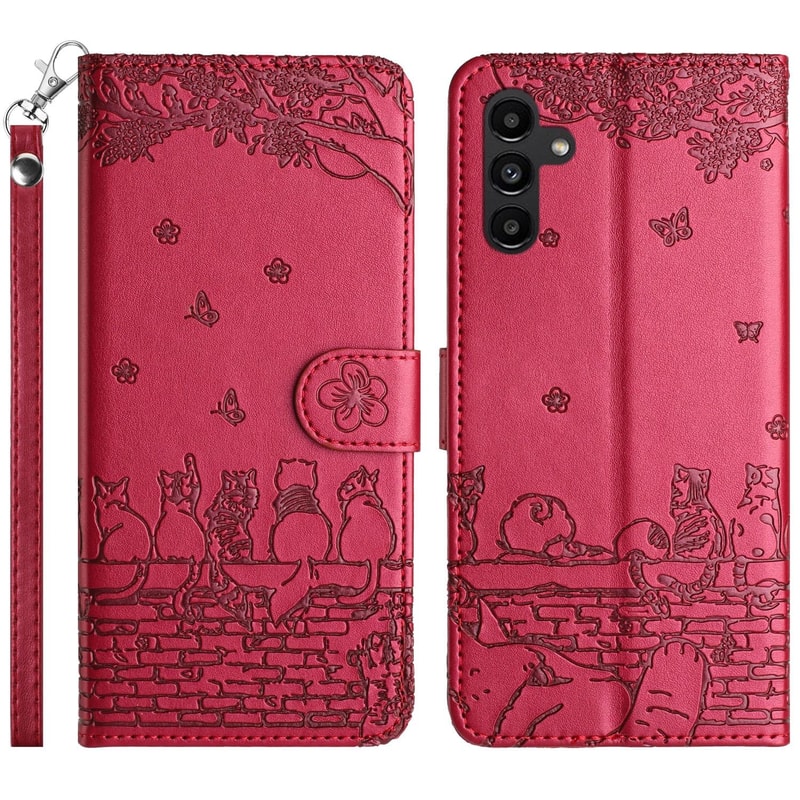 Cute Cat Embossed Wallet Phone Case for Samsung Galaxy with Card Holder and Lanyard