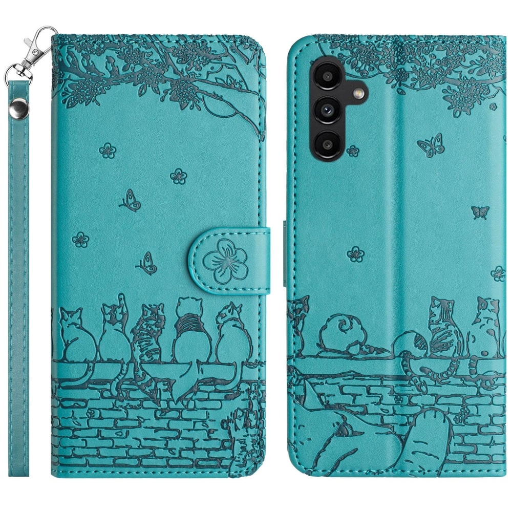 Cute Cat Embossed Wallet Phone Case for Samsung Galaxy with Card Holder and Lanyard