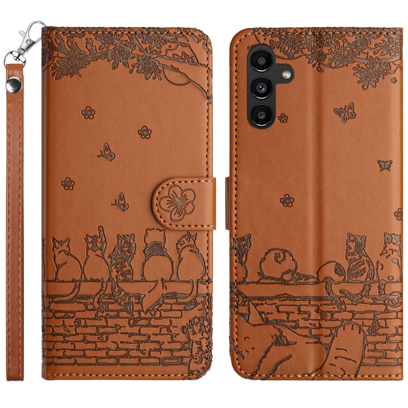 Cute Cat Embossed Wallet Phone Case for Samsung Galaxy with Card Holder and Lanyard
