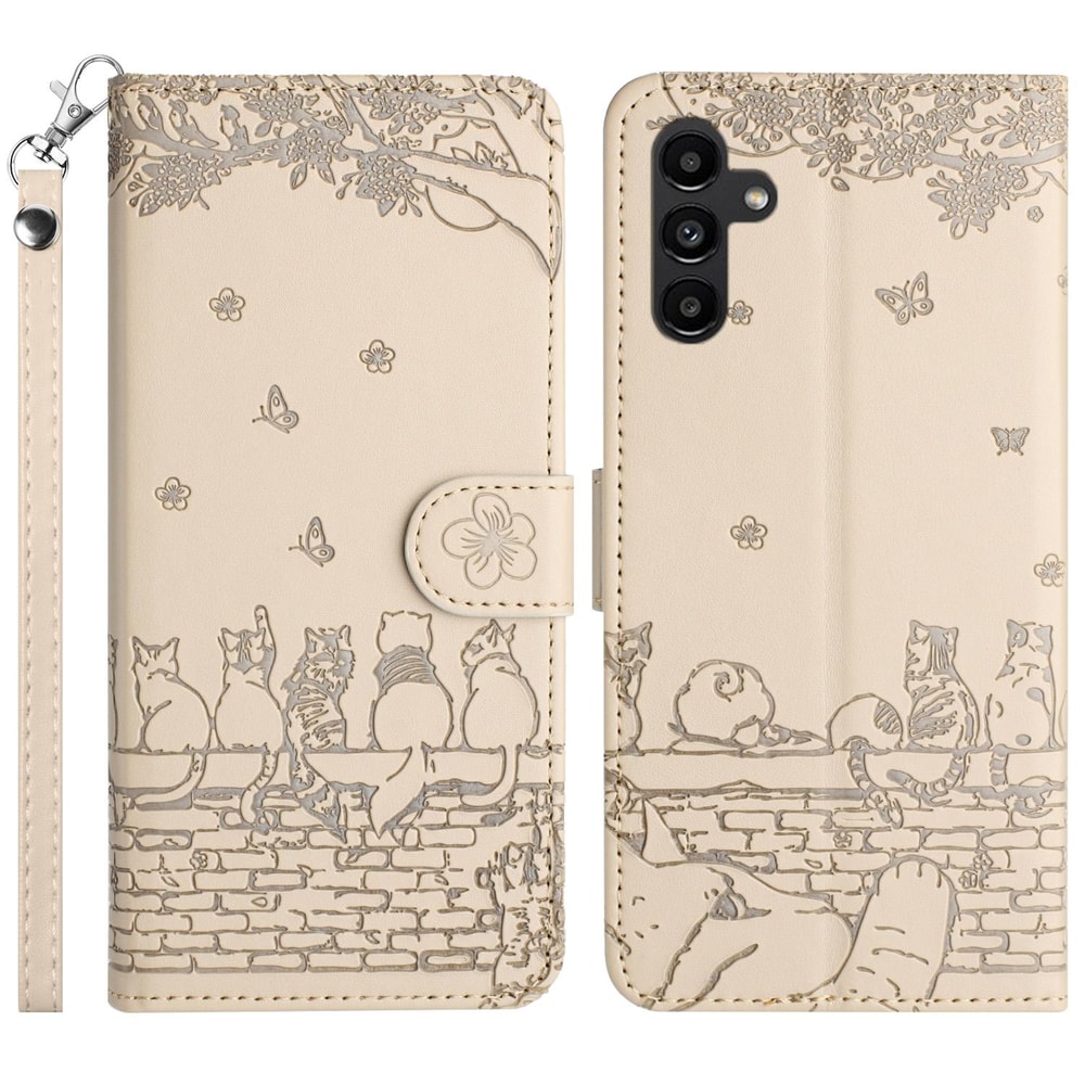 Cute Cat Embossed Wallet Phone Case for Samsung Galaxy with Card Holder and Lanyard