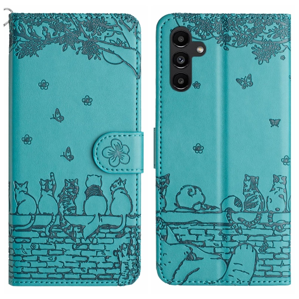 Cute Cat Embossed Wallet Phone Case for Samsung Galaxy with Card Holder and Lanyard