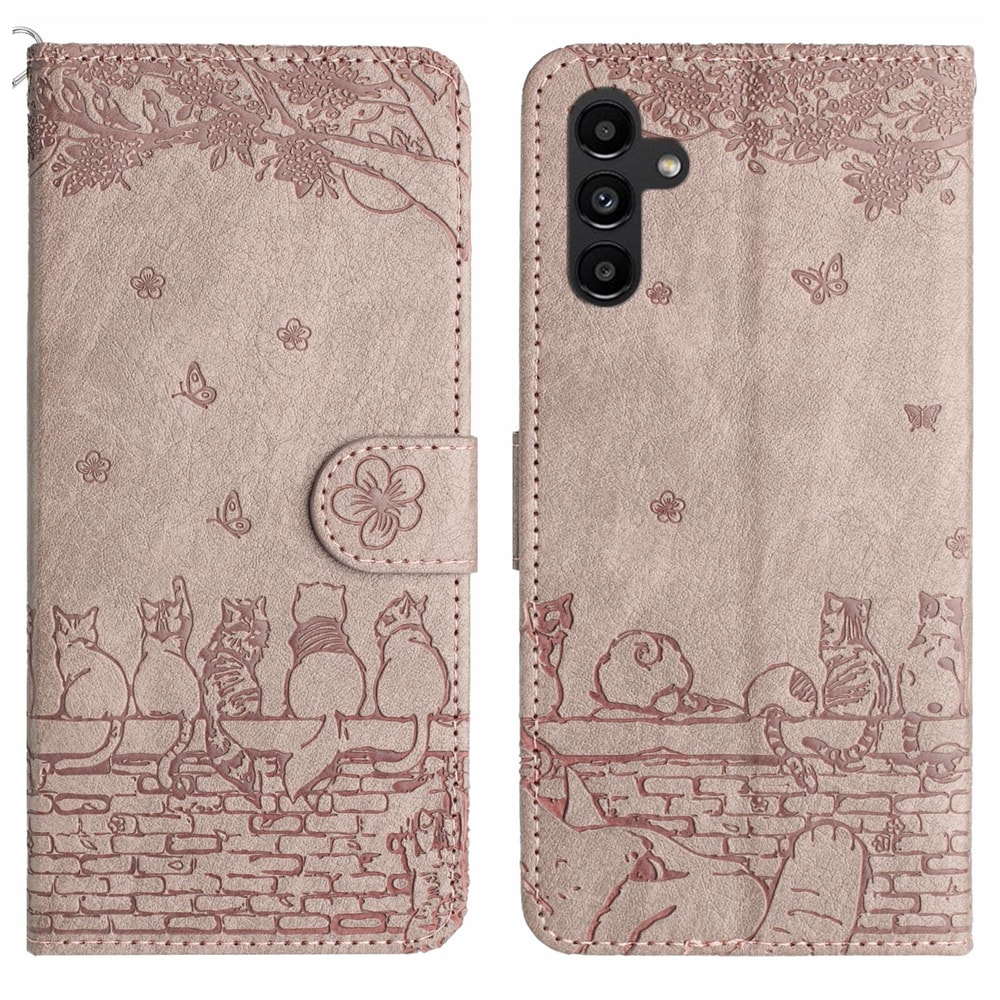 Cute Cat Embossed Wallet Phone Case for Samsung Galaxy with Card Holder and Lanyard