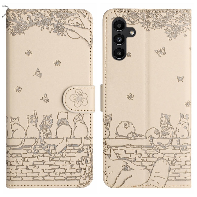 Cute Cat Embossed Wallet Phone Case for Samsung Galaxy with Card Holder and Lanyard