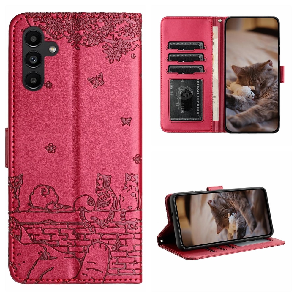 Cute Cat Embossed Wallet Phone Case for Samsung Galaxy with Card Holder and Lanyard