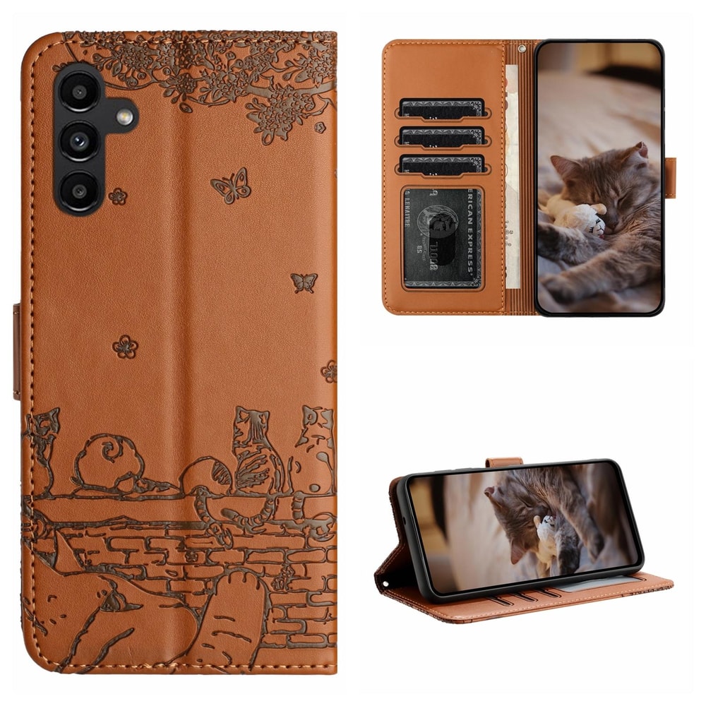 Cute Cat Embossed Wallet Phone Case for Samsung Galaxy with Card Holder and Lanyard