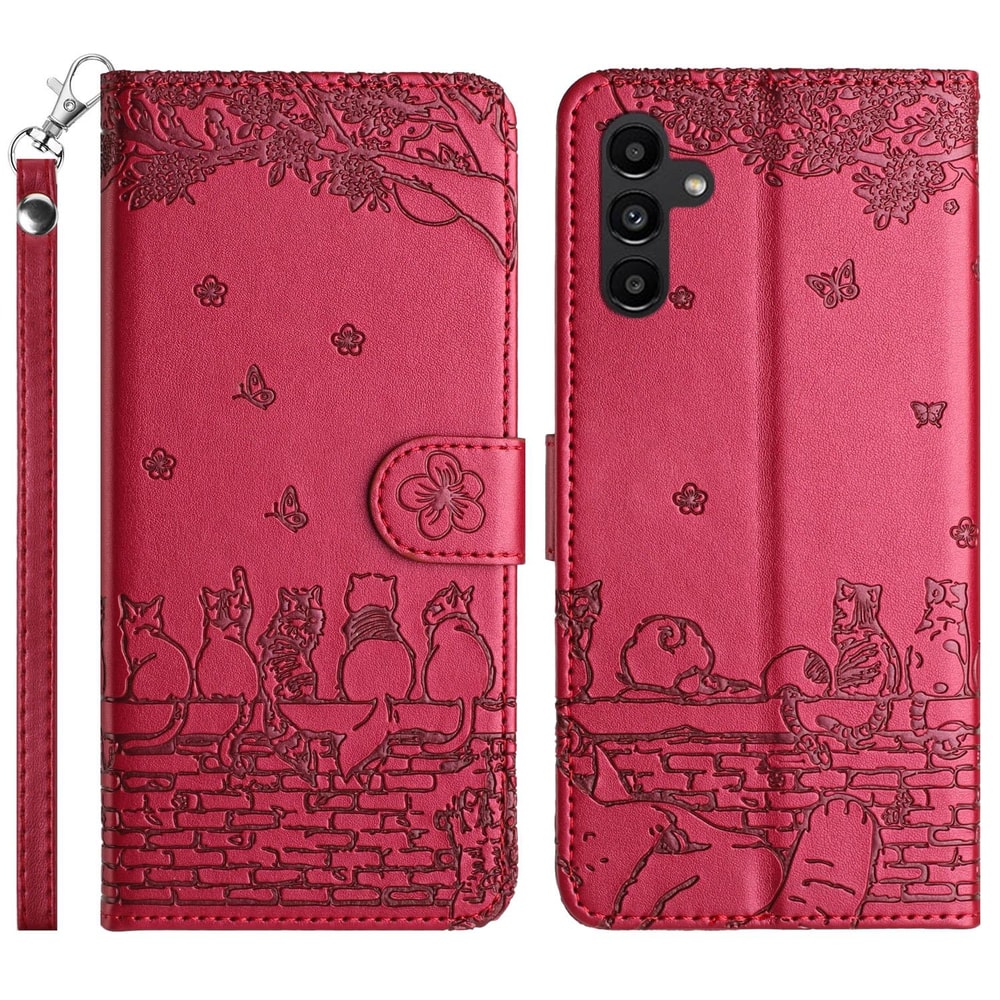 Cute Cat Embossed Wallet Phone Case for Samsung Galaxy with Card Holder and Lanyard