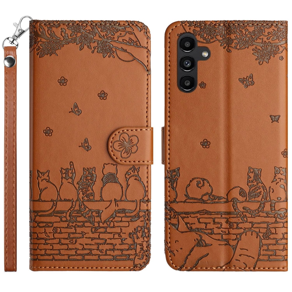 Cute Cat Embossed Wallet Phone Case for Samsung Galaxy with Card Holder and Lanyard