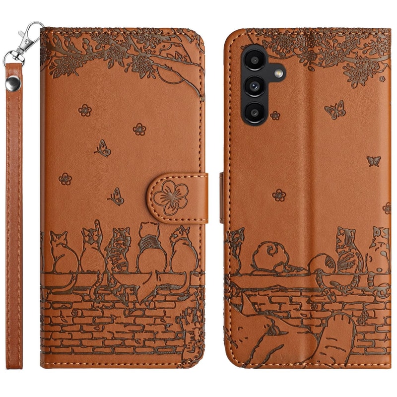 Cute Cat Embossed Wallet Phone Case for Samsung Galaxy with Card Holder and Lanyard