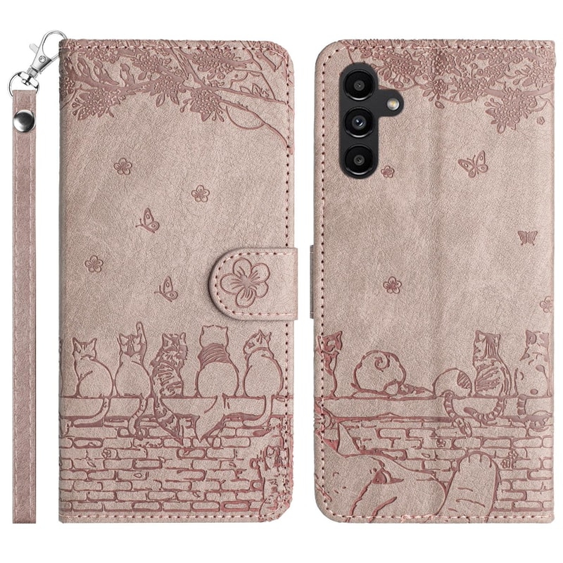 Cute Cat Embossed Wallet Phone Case for Samsung Galaxy with Card Holder and Lanyard