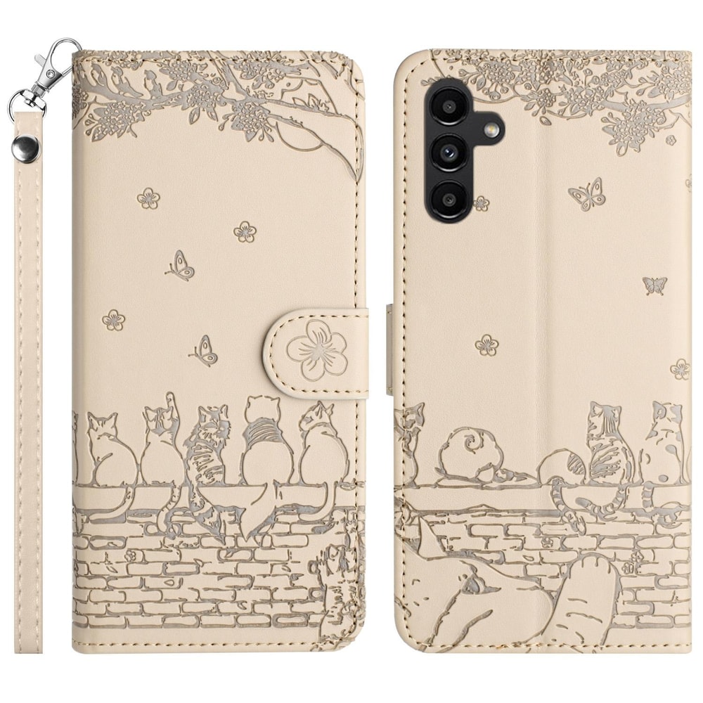 Cute Cat Embossed Wallet Phone Case for Samsung Galaxy with Card Holder and Lanyard