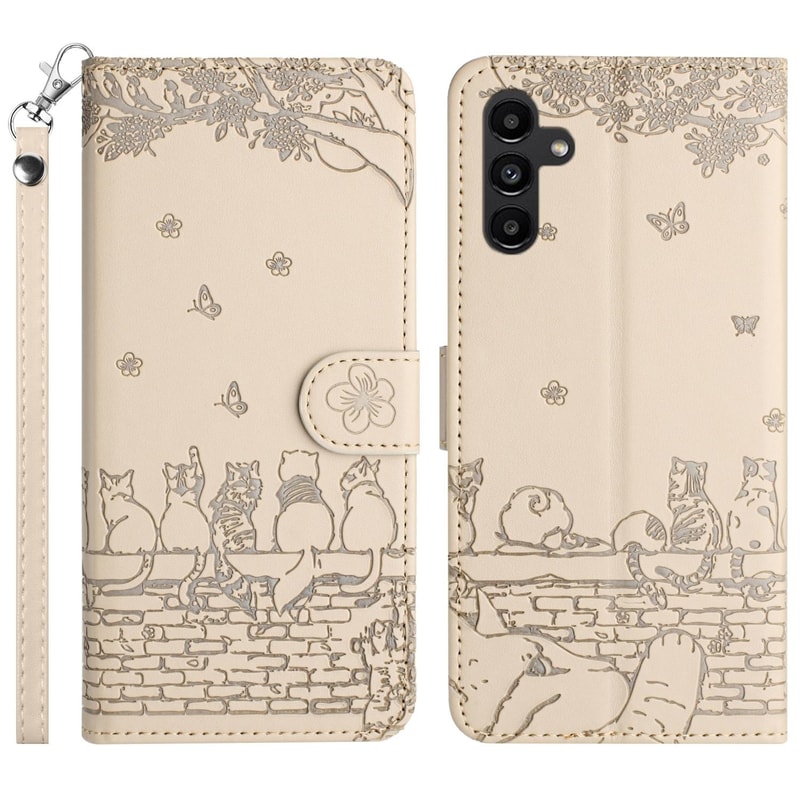 Cute Cat Embossed Wallet Phone Case for Samsung Galaxy with Card Holder and Lanyard