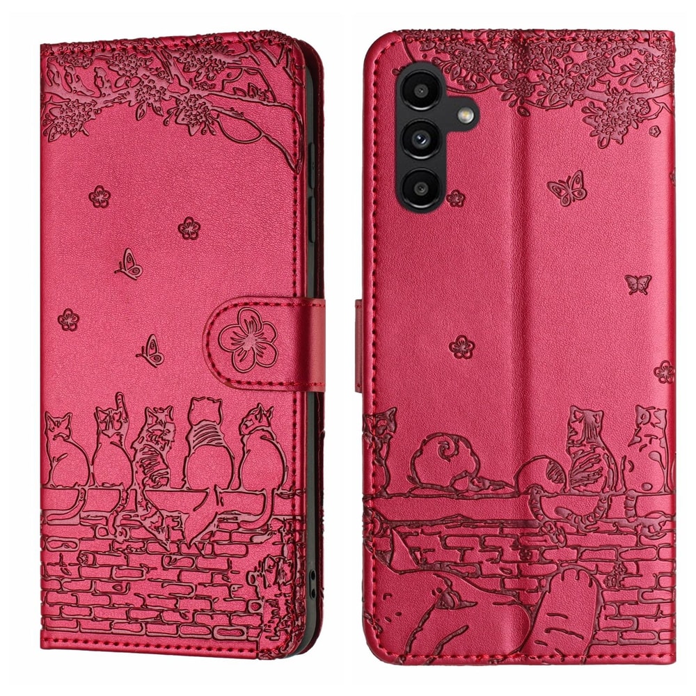 Cute Cat Embossed Wallet Phone Case for Samsung Galaxy with Card Holder and Lanyard