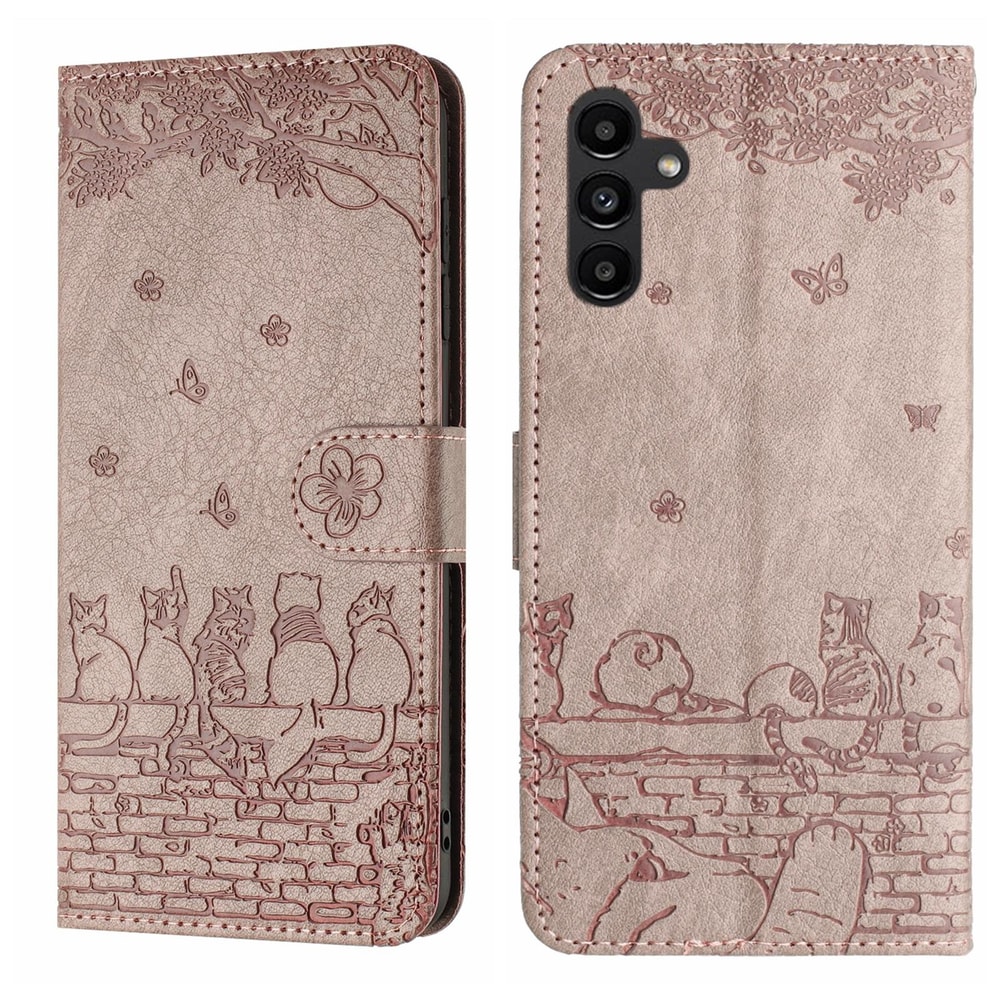 Cute Cat Embossed Wallet Phone Case for Samsung Galaxy with Card Holder and Lanyard