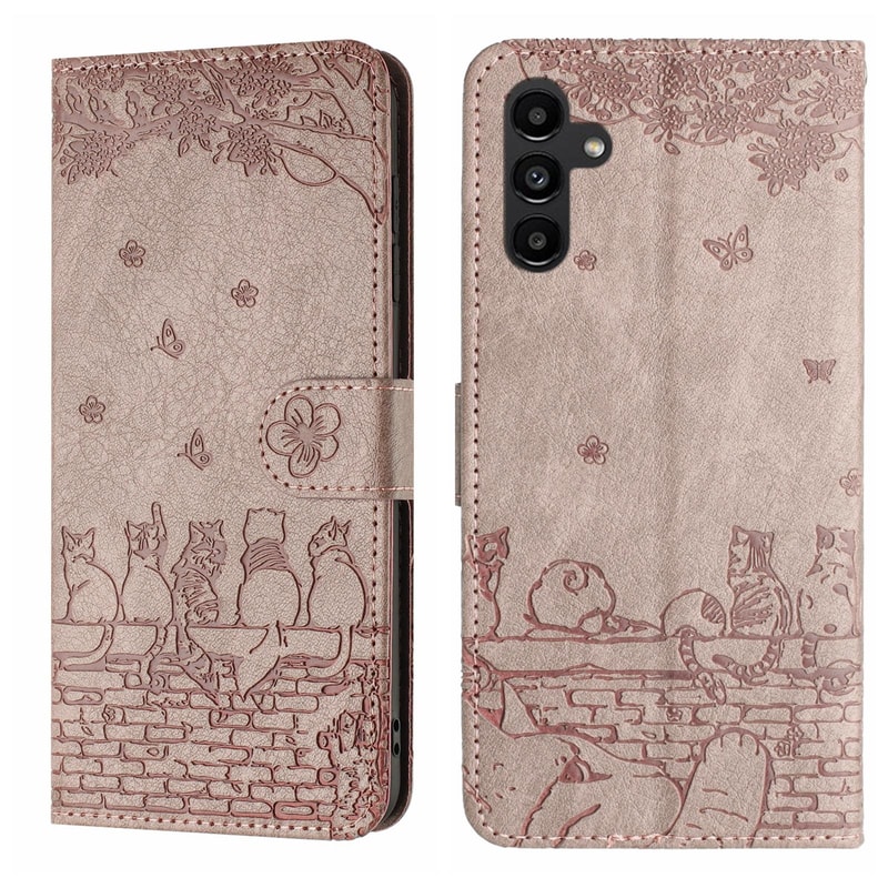 Cute Cat Embossed Wallet Phone Case for Samsung Galaxy with Card Holder and Lanyard