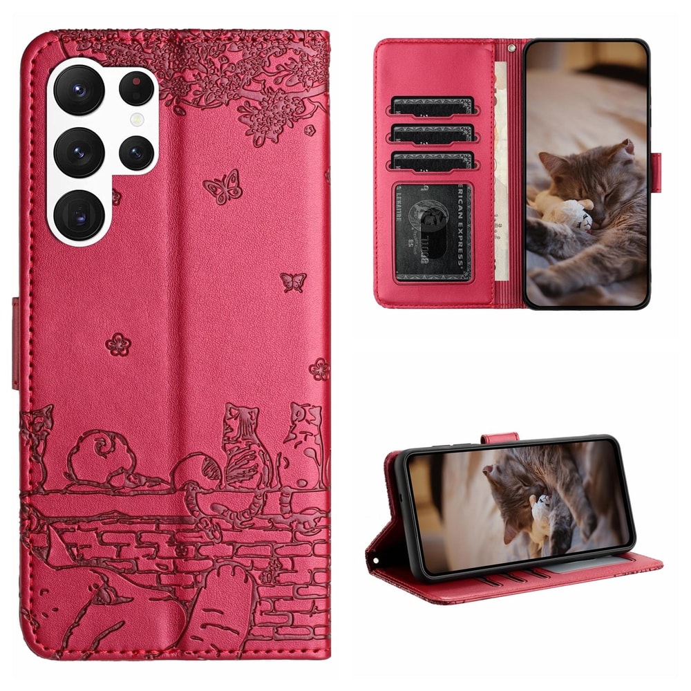 Cute Cat Embossed Wallet Phone Case for Samsung Galaxy with Card Holder and Lanyard