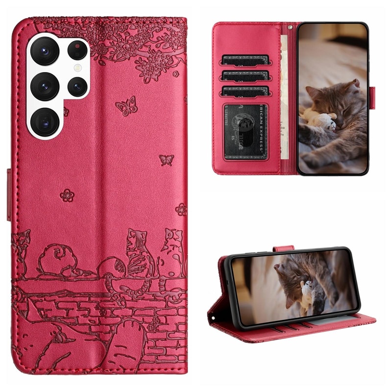Cute Cat Embossed Wallet Phone Case for Samsung Galaxy with Card Holder and Lanyard