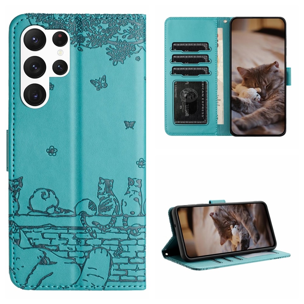 Cute Cat Embossed Wallet Phone Case for Samsung Galaxy with Card Holder and Lanyard