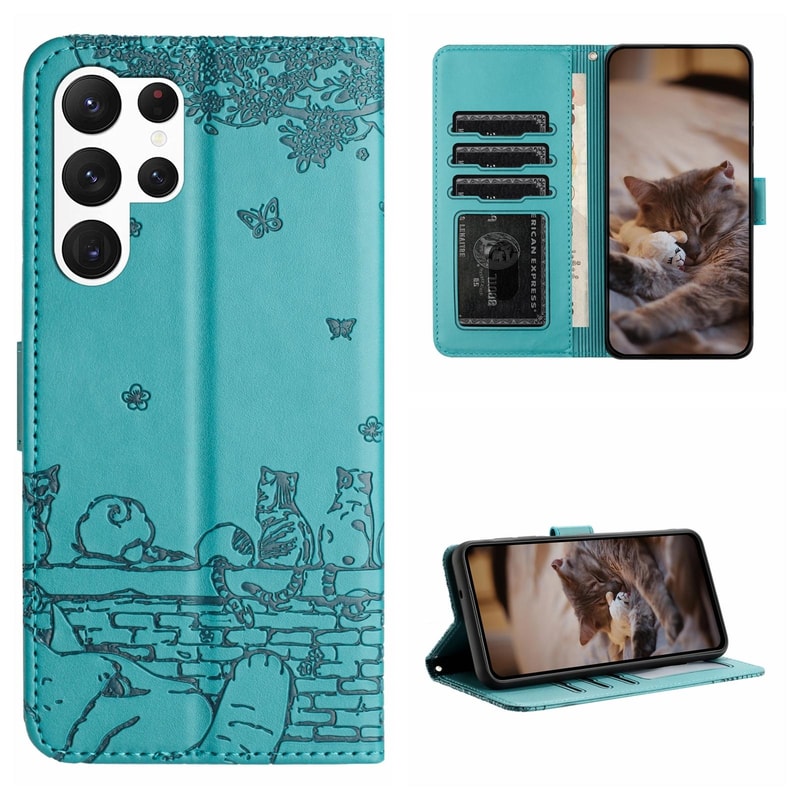 Cute Cat Embossed Wallet Phone Case for Samsung Galaxy with Card Holder and Lanyard