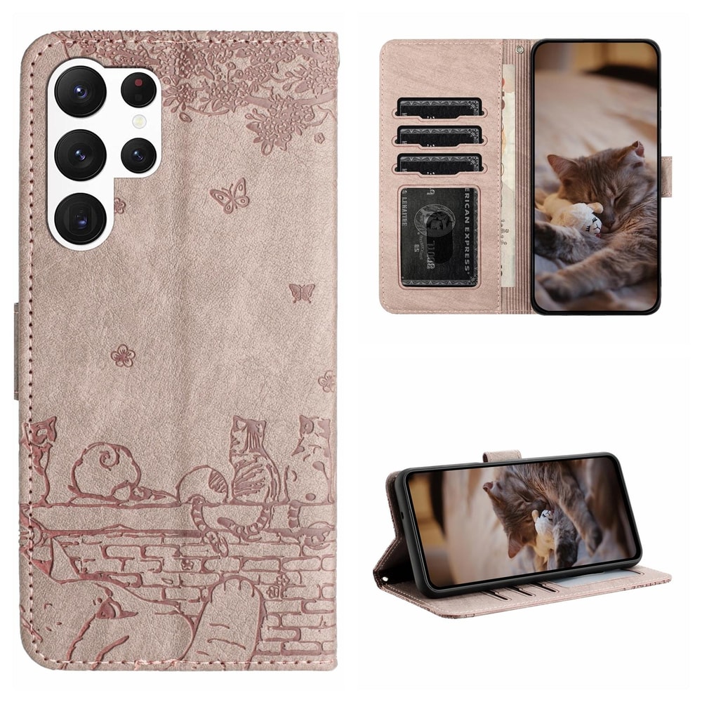 Cute Cat Embossed Wallet Phone Case for Samsung Galaxy with Card Holder and Lanyard