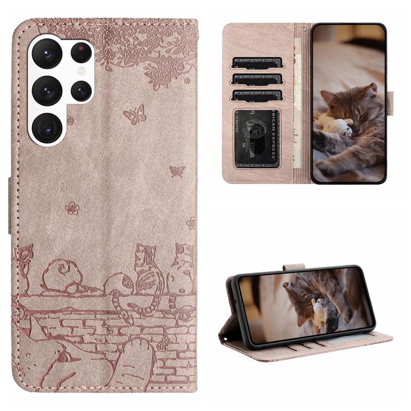 Cute Cat Embossed Wallet Phone Case for Samsung Galaxy with Card Holder and Lanyard