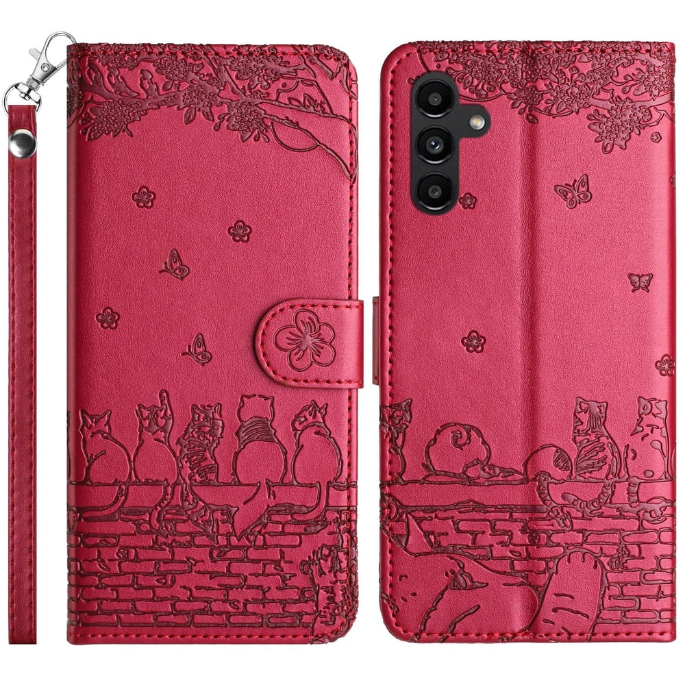 Cute Cat Embossed Wallet Phone Case for Samsung Galaxy with Card Holder and Lanyard