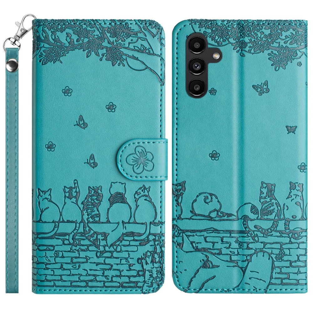 Cute Cat Embossed Wallet Phone Case for Samsung Galaxy with Card Holder and Lanyard